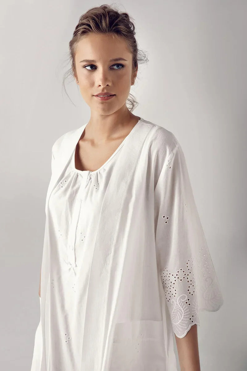 100% Turkish Cotton Woven Short-Sleeve Lace-Trimmed Buttoned Nightgown Robe Set for Women - Ecru