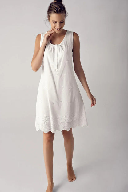 100% Turkish Cotton Woven Short-Sleeve Lace-Trimmed Buttoned Nightgown Robe Set for Women - Ecru