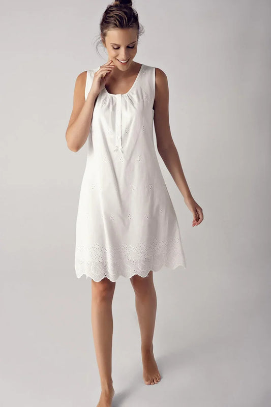 100% Turkish Cotton Woven Short-Sleeve Lace-Trimmed Buttoned Nightgown Robe Set for Women - Ecru