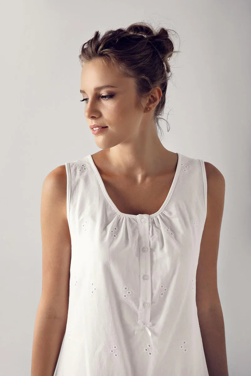 100% Turkish Cotton Woven Short-Sleeve Lace-Trimmed Buttoned Nightgown Robe Set for Women - Ecru