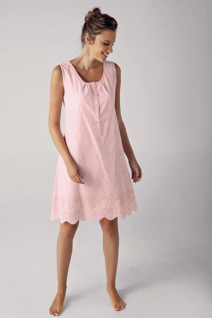 Short-Sleeve Buttoned Lace-Trimmed Woven 100% Cotton Pink Maternity Nightgown Robe Set