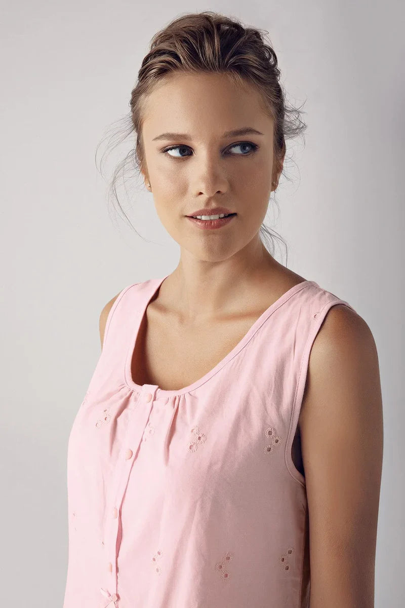 Short-Sleeve Buttoned Lace-Trimmed Woven 100% Cotton Pink Maternity Nightgown Robe Set