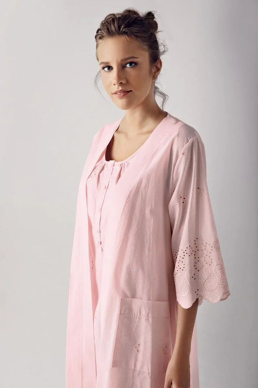 Short-Sleeve Buttoned Lace-Trimmed Woven 100% Cotton Pink Maternity Nightgown Robe Set