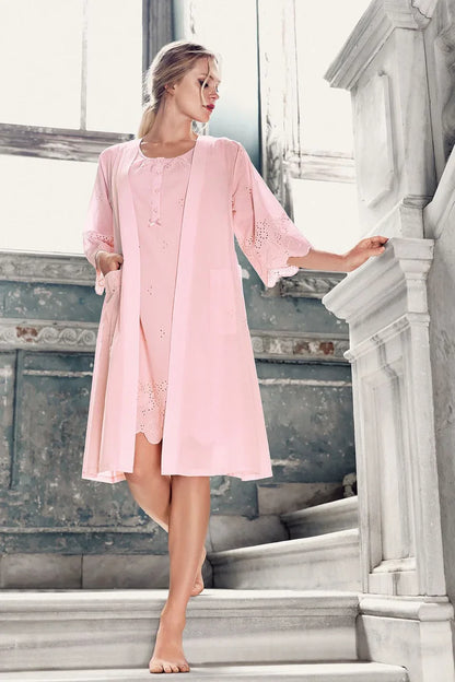 Short-Sleeve Buttoned Lace-Trimmed Woven 100% Cotton Pink Maternity Nightgown Robe Set