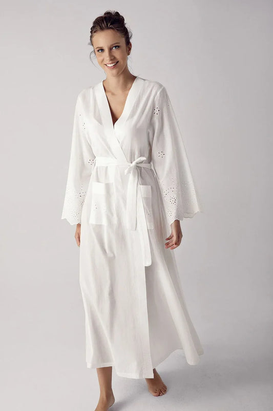 Women's Long-Sleeve Lace-Trimmed Woven 100% Cotton Robe