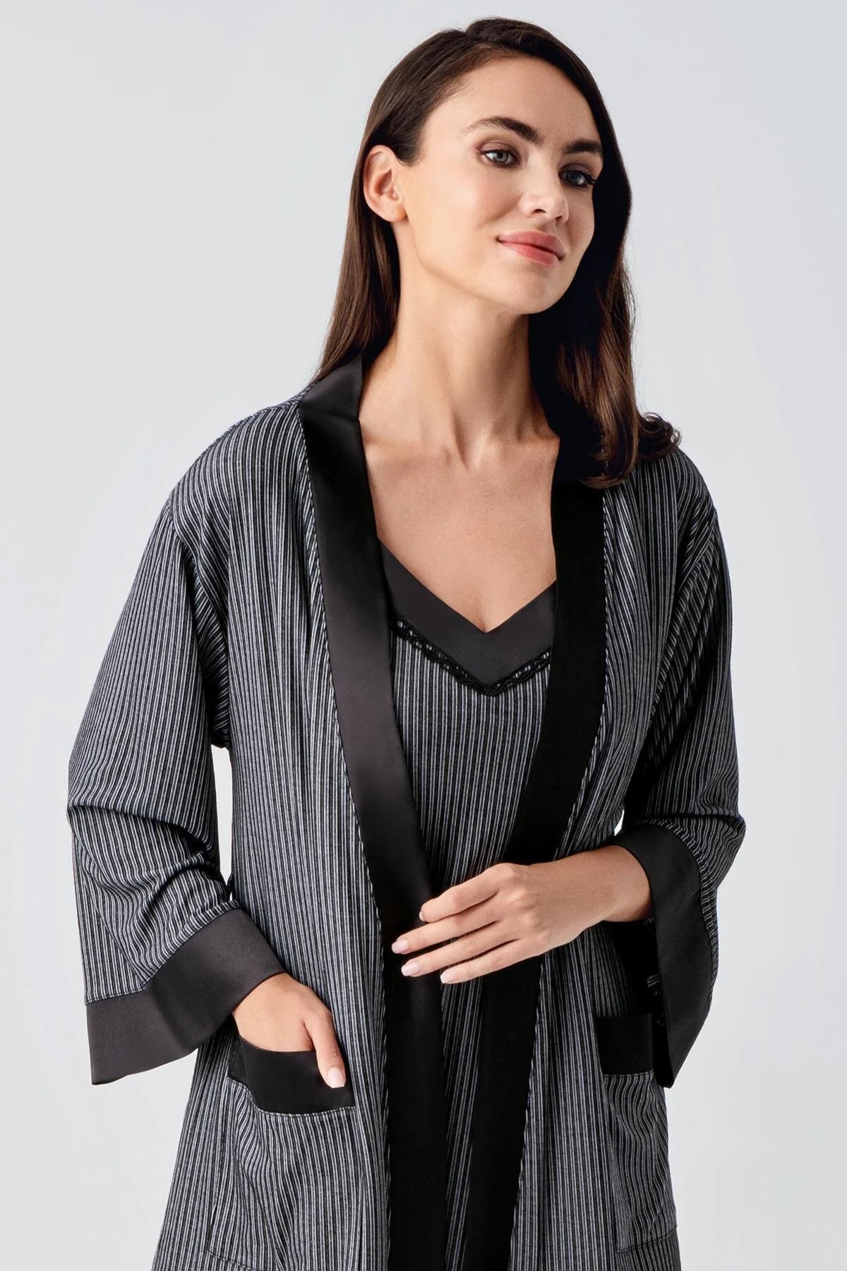 Women's Short Strap Robe & Nightgown Set Black Flexible Viscose