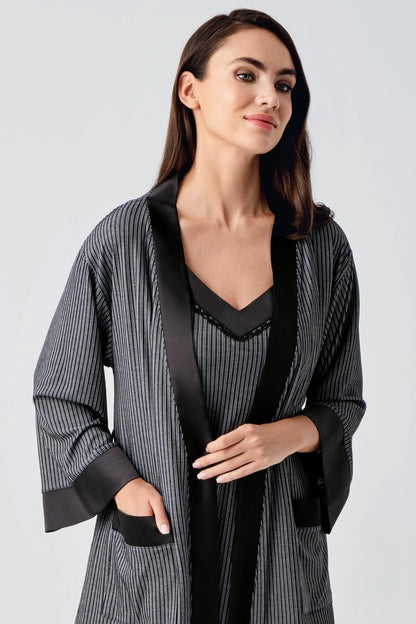 Women's Short Strap Robe & Nightgown Set Black Flexible Viscose