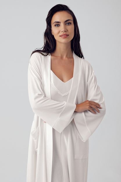 Short Strap Robe & Nightgown Set for Women Ecru Flexible Viscose