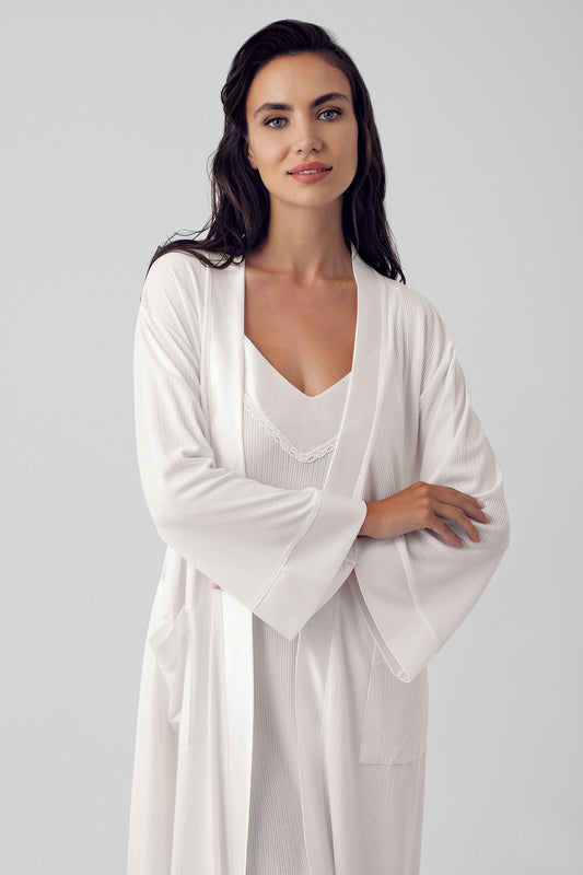 Short Strap Robe & Nightgown Set for Women Ecru Flexible Viscose