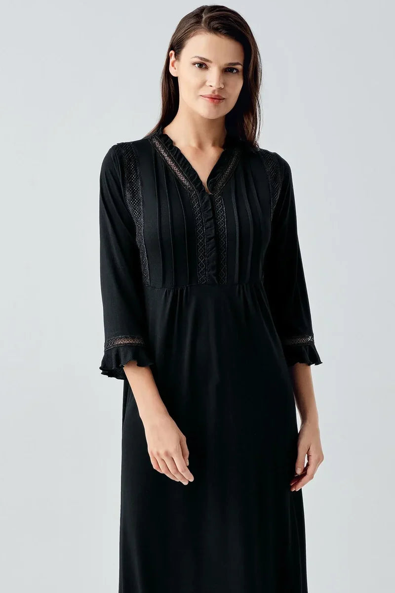 Viscose Lace-Detail Long-Sleeve Nightgown for Women Buttoned Casual Style - Black