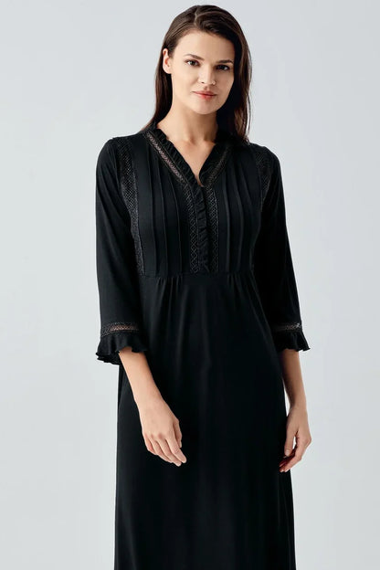 Viscose Lace-Detail Long-Sleeve Nightgown for Women Buttoned Casual Style - Black