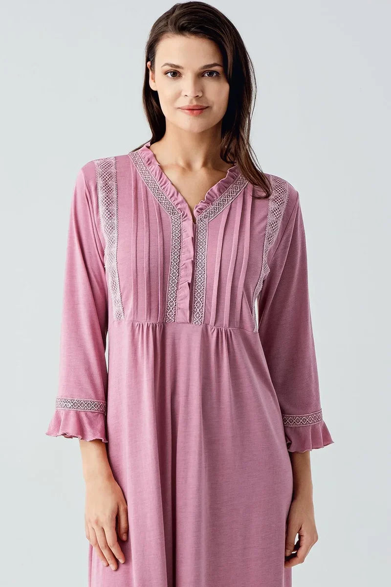 Women's Lace-Detail Buttoned Long-Sleeve Viscose Nightgown - Rose