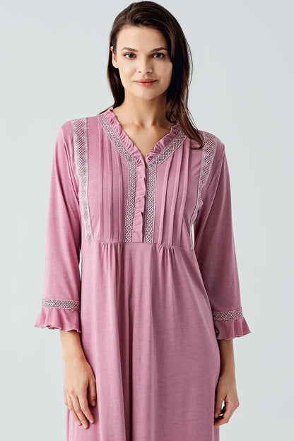 Women's Lace-Detail Buttoned Long-Sleeve Viscose Nightgown - Rose