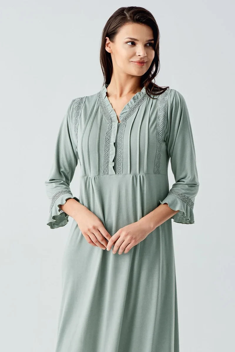 Lace-Detail Viscose Nightgown for Women Long-Sleeve Buttoned - Green