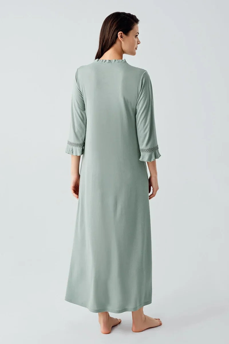 Lace-Detail Viscose Nightgown for Women Long-Sleeve Buttoned - Green