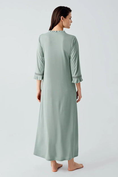 Lace-Detail Viscose Nightgown for Women Long-Sleeve Buttoned - Green
