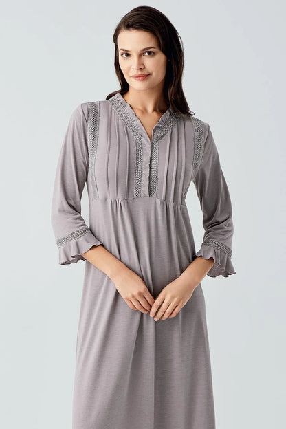 Women's Gray Lace-Detail Buttoned Long-Sleeve Viscose Nightgown