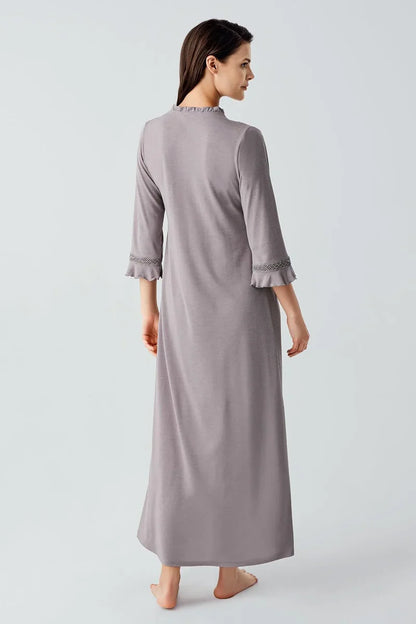 Women's Gray Lace-Detail Buttoned Long-Sleeve Viscose Nightgown