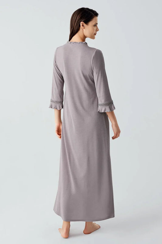 Women's Gray Lace-Detail Buttoned Long-Sleeve Viscose Nightgown