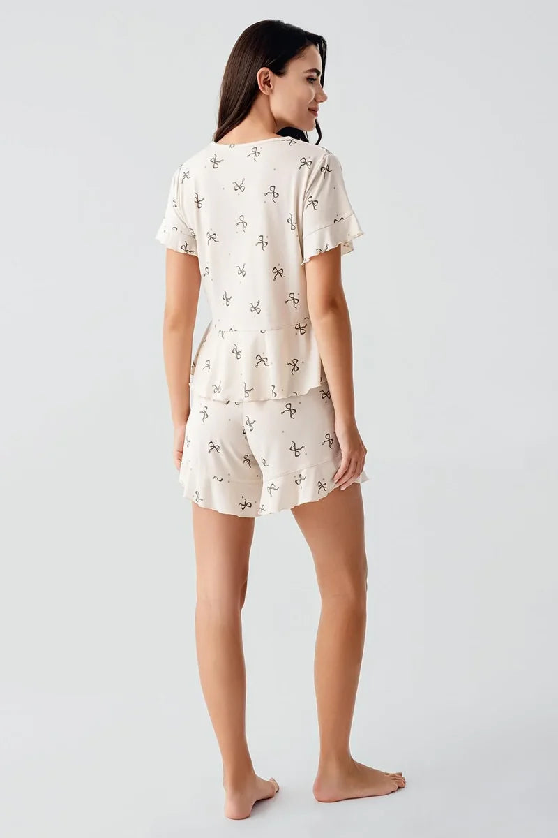 Viscose Bow-Patterned Short-Sleeve Short & Shirt Pajama Set for Women - Beige