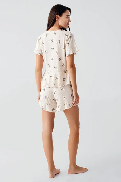 Viscose Bow-Patterned Short-Sleeve Short & Shirt Pajama Set for Women - Beige