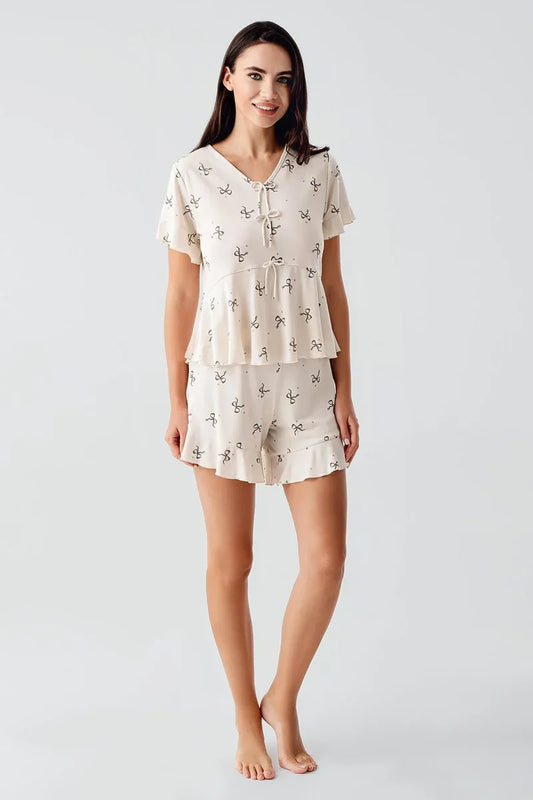 Women's Beige Bow-Patterned Short-Sleeve Flexible Viscose Shorts Pajama Set