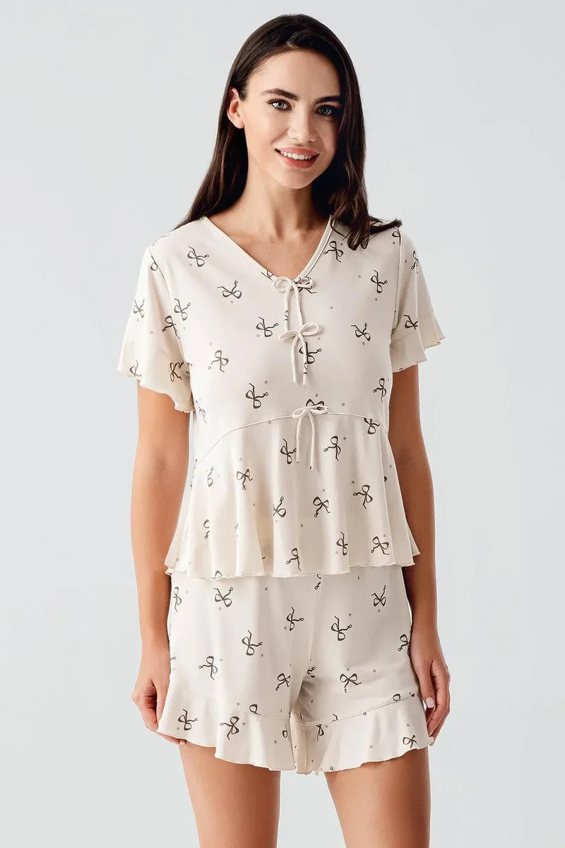 Viscose Bow-Patterned Short-Sleeve Short & Shirt Pajama Set for Women - Beige