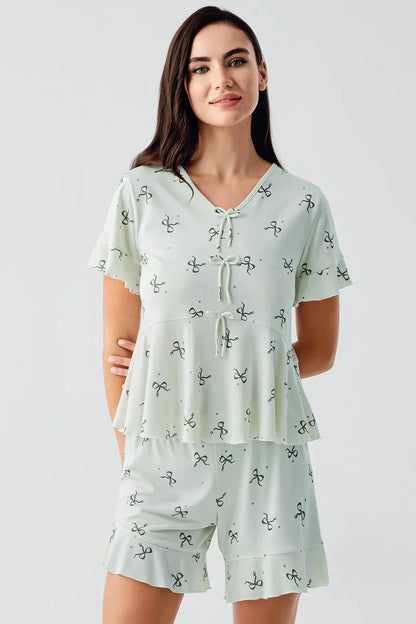Women's Green Bow-Patterned Short-Sleeve Flexible Viscose Shorts Pajama Set