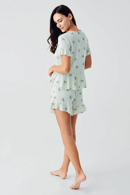 Women's Green Bow-Patterned Short-Sleeve Flexible Viscose Shorts Pajama Set