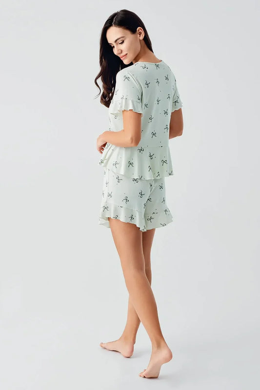 Women's Green Bow-Patterned Short-Sleeve Flexible Viscose Shorts Pajama Set