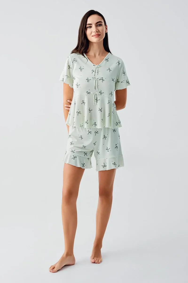 Women's Green Bow-Patterned Short-Sleeve Flexible Viscose Shorts Pajama Set