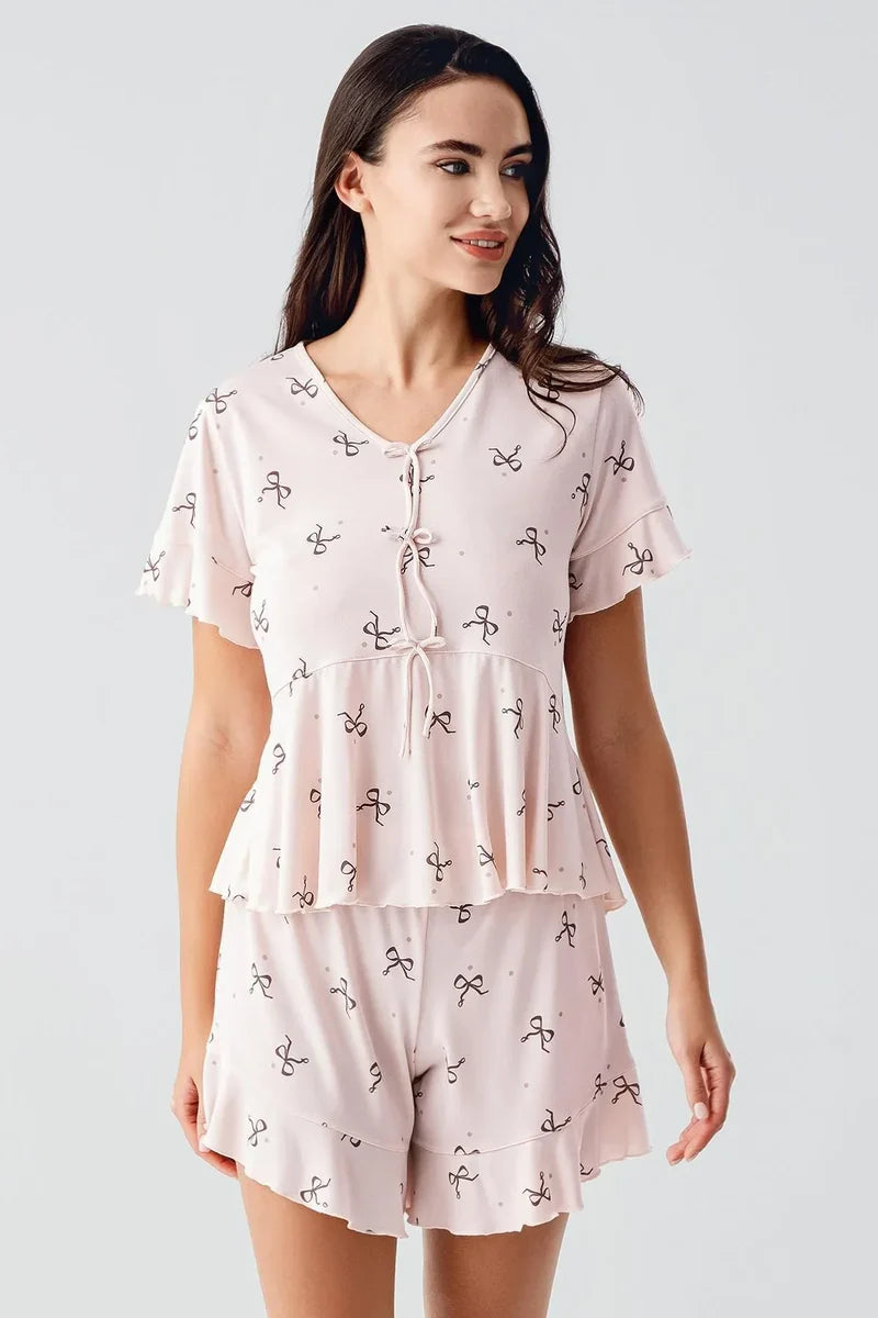 Women's Salmon Pink Bow-Patterned Short-Sleeve Flexible Viscose Shorts Pajama Set