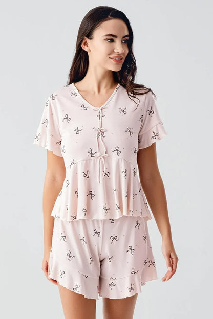 Women's Salmon Pink Bow-Patterned Short-Sleeve Flexible Viscose Shorts Pajama Set