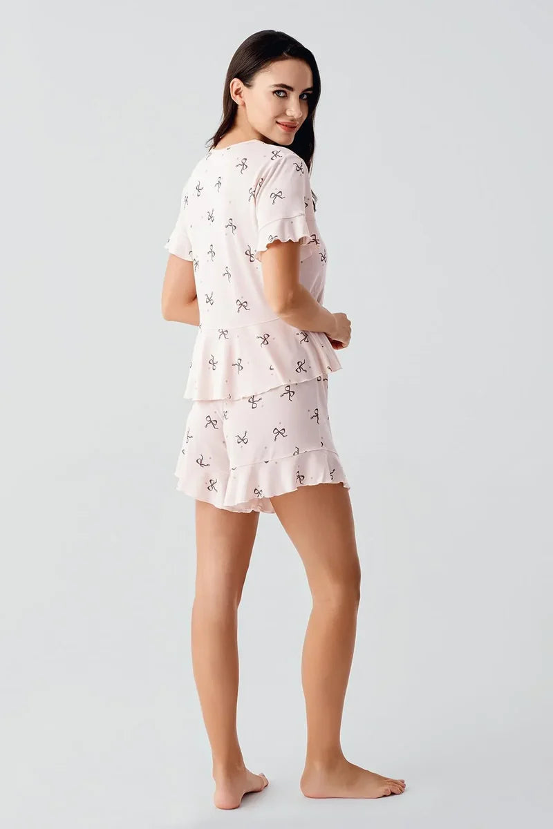 Women's Salmon Pink Bow-Patterned Short-Sleeve Flexible Viscose Shorts Pajama Set