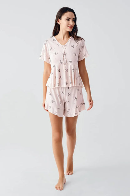 Women's Salmon Pink Bow-Patterned Short-Sleeve Flexible Viscose Shorts Pajama Set