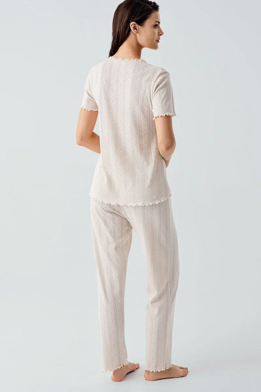 Women's 100% Turkish Cotton Pajama Set Short-Sleeve Crochet-Detail - Beige