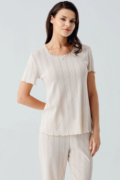 Women's 100% Turkish Cotton Pajama Set Short-Sleeve Crochet-Detail - Beige