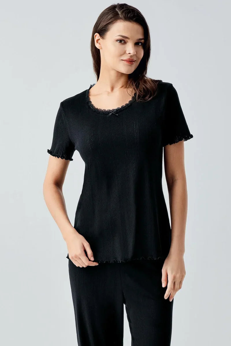 100% Cotton Crochet-Detail Short-Sleeve Black Pajama Set for Women