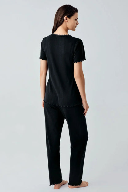 100% Cotton Crochet-Detail Short-Sleeve Black Pajama Set for Women