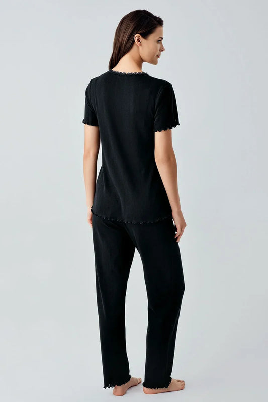 100% Cotton Crochet-Detail Short-Sleeve Black Pajama Set for Women