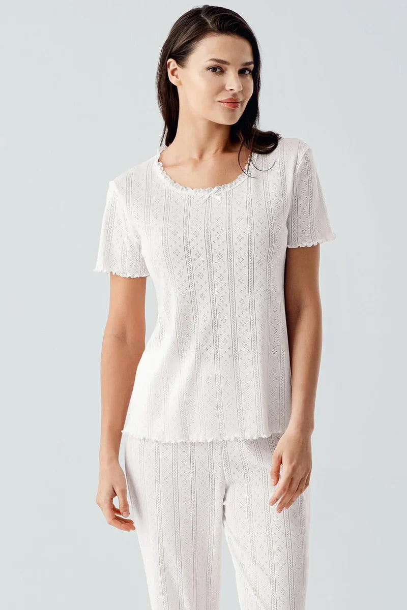Crochet-Detail 100% Cotton Pajama Set for Women Short-Sleeve - Ecru
