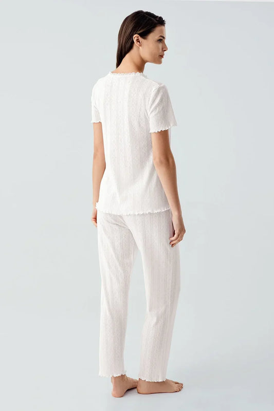 Crochet-Detail 100% Cotton Pajama Set for Women Short-Sleeve - Ecru