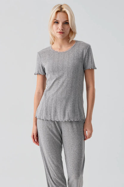 100% Turkish Cotton Pajama Set for Women Crochet-Detail Short-Sleeve - Gray Melange
