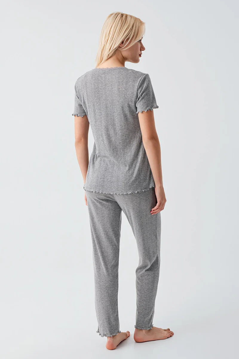 100% Turkish Cotton Pajama Set for Women Crochet-Detail Short-Sleeve - Gray Melange