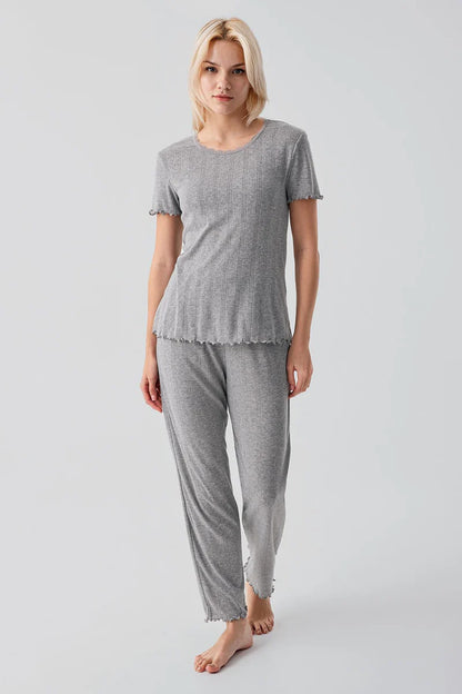 100% Turkish Cotton Pajama Set for Women Crochet-Detail Short-Sleeve - Gray Melange