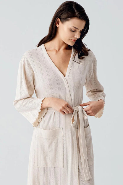 100% Turkish Cotton Crochet-Detail Robe for Women Long-Sleeve - Beige