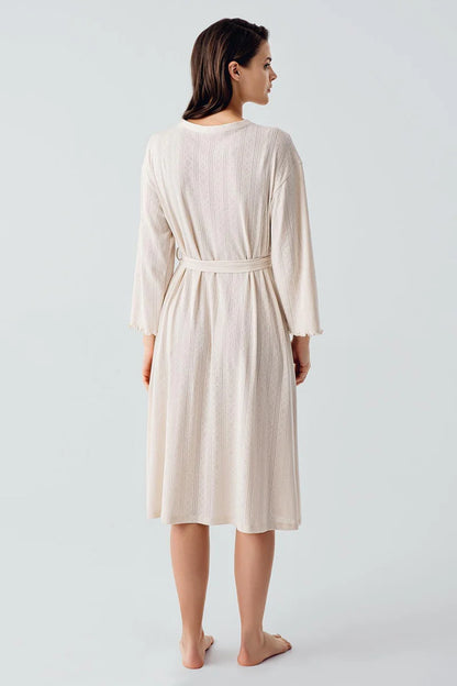 100% Turkish Cotton Crochet-Detail Robe for Women Long-Sleeve - Beige