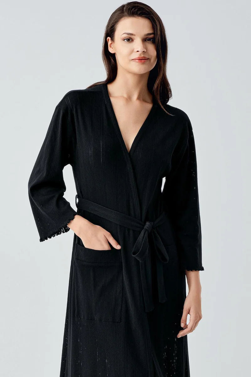Crochet-Detail 100% Cotton Robe for Women Long-Sleeve - Black