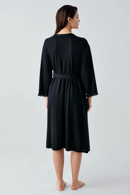 Crochet-Detail 100% Cotton Robe for Women Long-Sleeve - Black