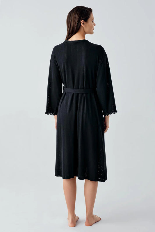 Crochet-Detail 100% Cotton Robe for Women Long-Sleeve - Black
